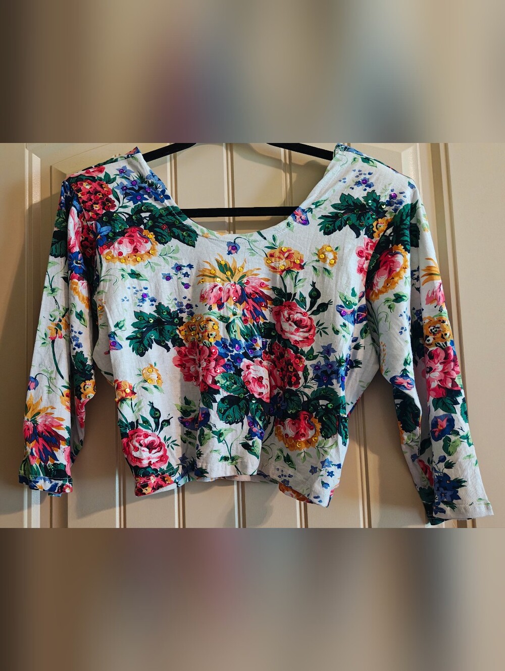 '90S Vintage Floral Cropped 3/4 Length Sleeve Top With Sequined Accent Sz P